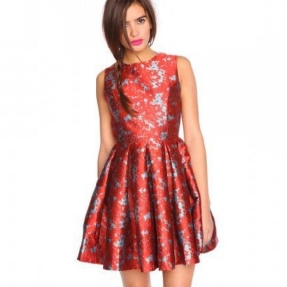 B.b. Dakota Fit and Flare Red & Turquoise Brocade Sleeveless Dress Size 4 - Picture 2 of 14